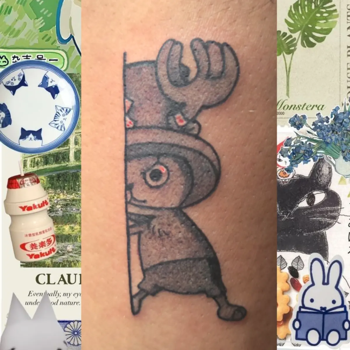 Black and grey cartoon moose character tattoo on an arm
