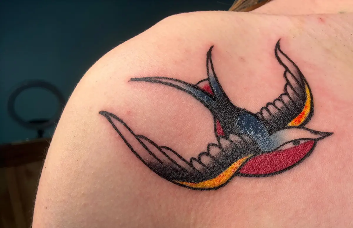 Traditional swallow tattoo in blue, red and orange on a shoulder