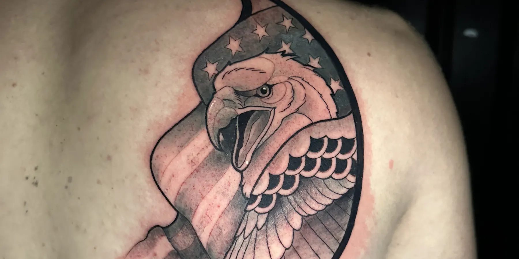Black and grey eagle tattoo with a folded wing across a shoulder blade, tattooed at Blind Fox Tattoo in Amarillo, TX