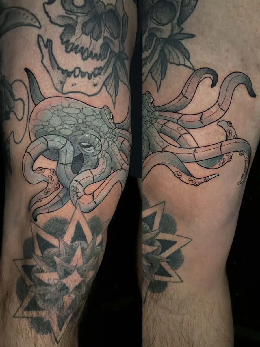 Black and grey leg sleeve tattoo with an octopus, skull and geometric mandala work, shown from two angles