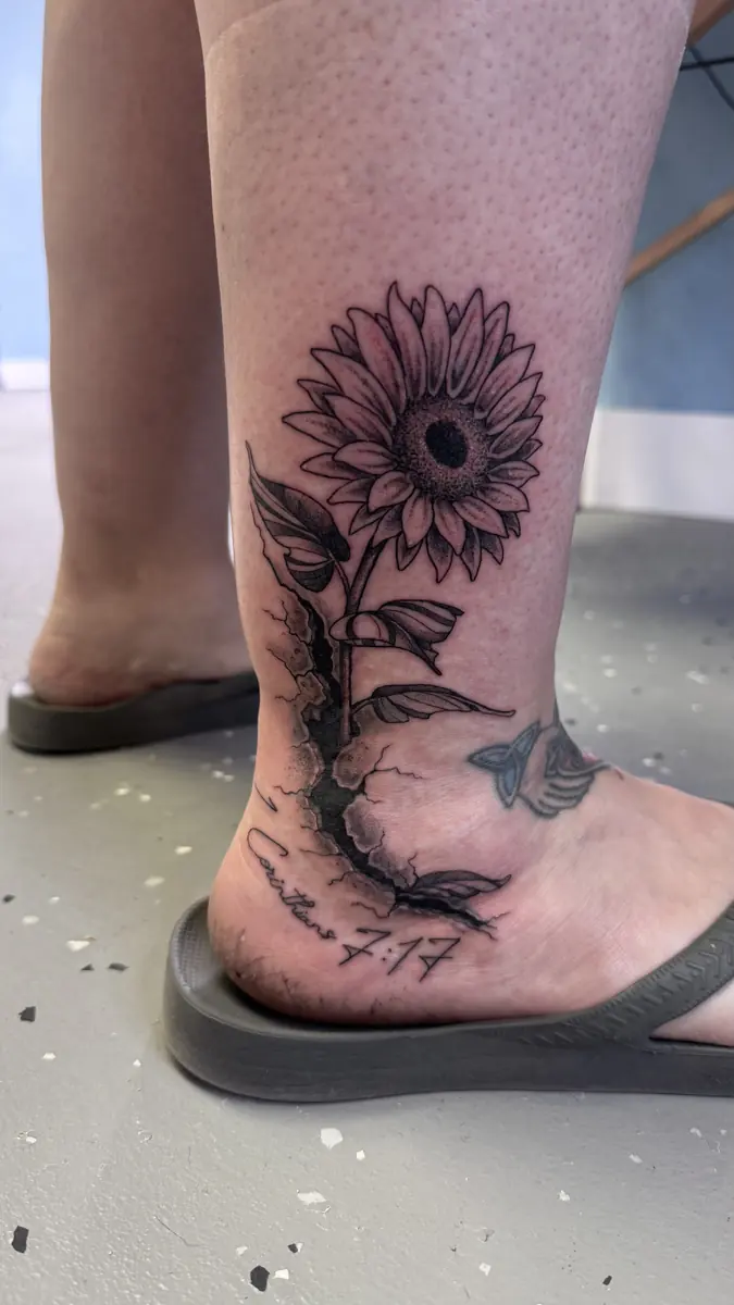 Black and grey sunflower tattoo wrapping an ankle
