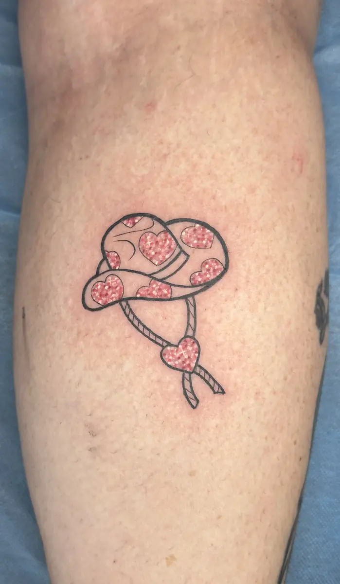 Glitter style heart and ribbon tattoo in pink with sparkle detailing on a calf