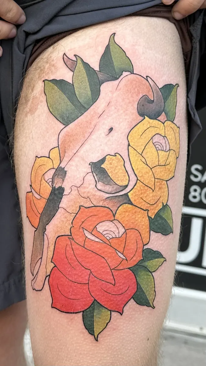 Neo-traditional tattoo of an animal skull framed by orange and yellow roses on a thigh